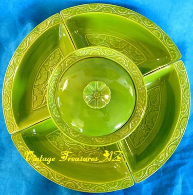 Image for <b><span style='color:purple'> Lazy Susan California Pottery 7-Piece Set Vintage 1960s-1970s Avocado Green Floral Motif Calif USA L83 Mid Century Chip & Dip Condiments Snacks Divided Serving Platter Hostess Service Set </span></b><span style='color:purple'> <b><span style='color:red'>***USPS GROUND SHIPPING INCLUDED – DOMESTIC ORDERS ONLY!***</span></b><span style='color:purple'>